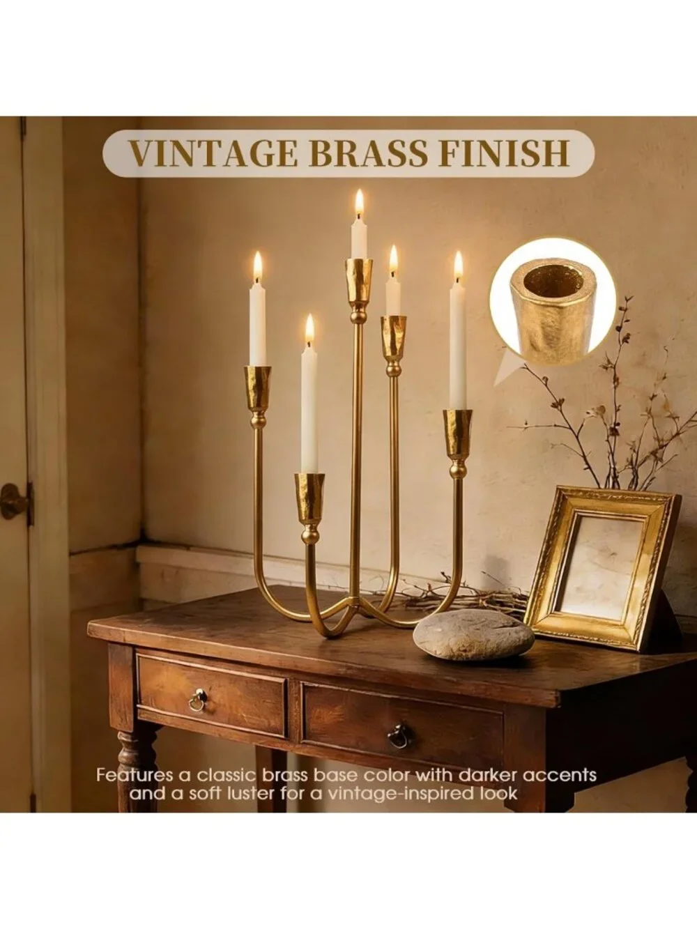 Elegant 5 Arm Antique Brass Candelabra Candle Holder - 17.5'' Tall Gold Decor